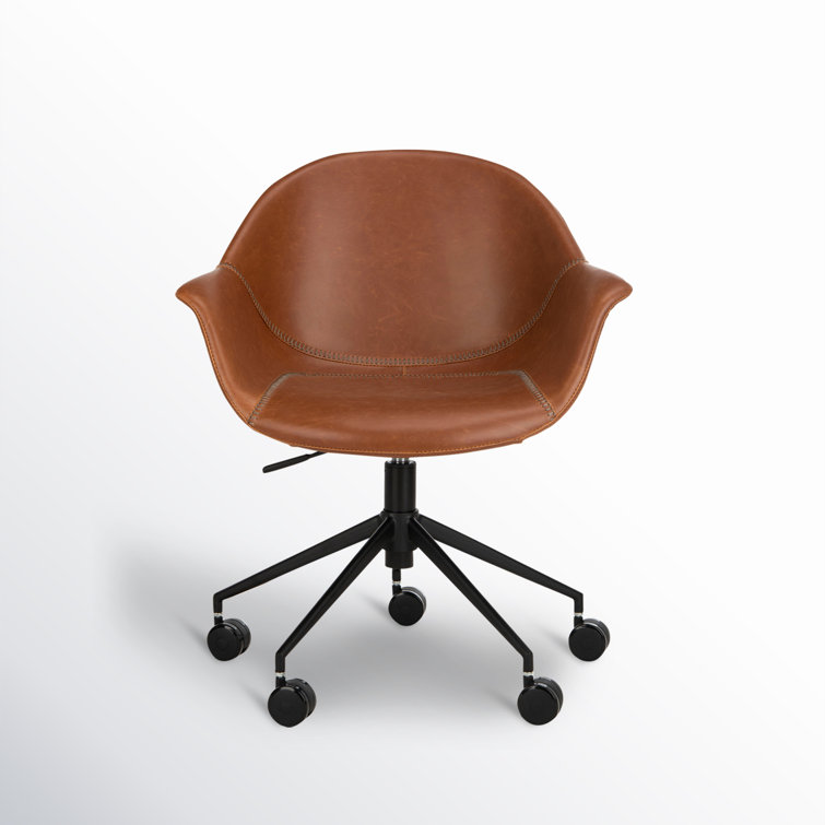 Transitional Ember Swivel Task Chair in Light Brown Leather and Black Wood