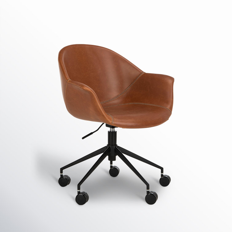 Transitional Ember Swivel Task Chair in Light Brown Leather and Black Wood