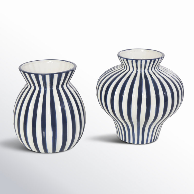 Blue and White Striped Ceramic Table Vase Set