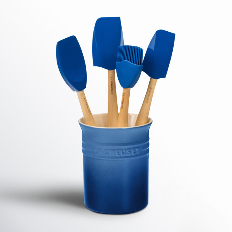 Marseille Blue Silicone 5-Piece Utensil Set with Stoneware Crock