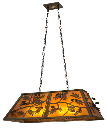 Rustic Oak Leaf & Acorn 18" Copper Island Pendant with Amber Glass