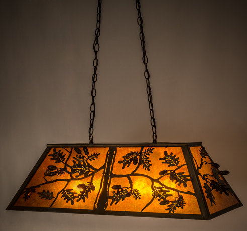 Rustic Oak Leaf & Acorn 18" Copper Island Pendant with Amber Glass
