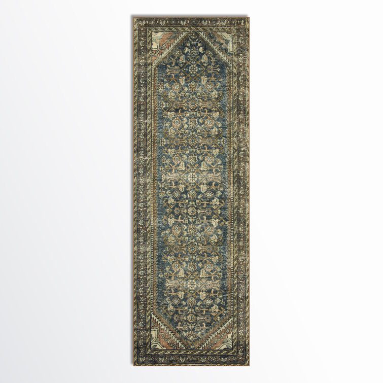 Denim Blue Polyester Washable Runner Rug 84" x 24"