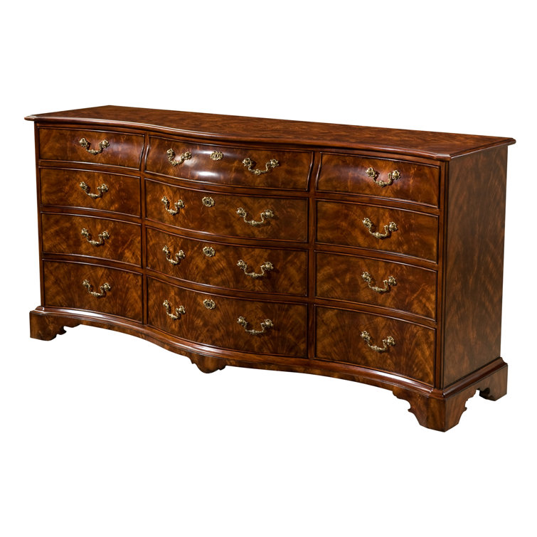 Lord Spencer Serpentine 12-Drawer Mahogany Dresser with Brass Accents
