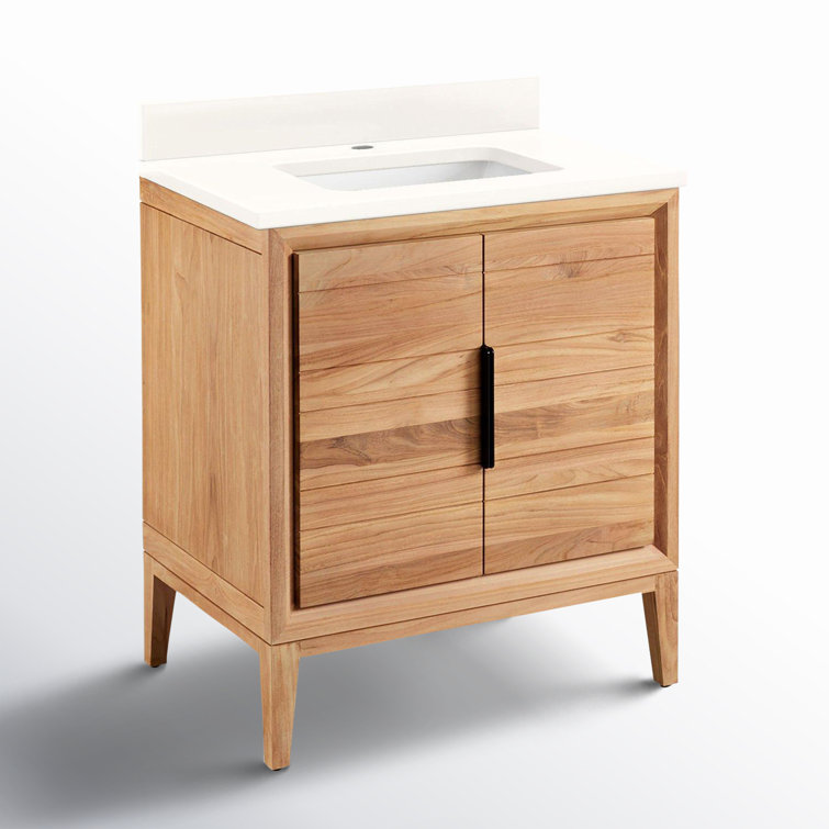 30" Natural Teak Wood Single Bathroom Vanity with Arctic White Quartz Top