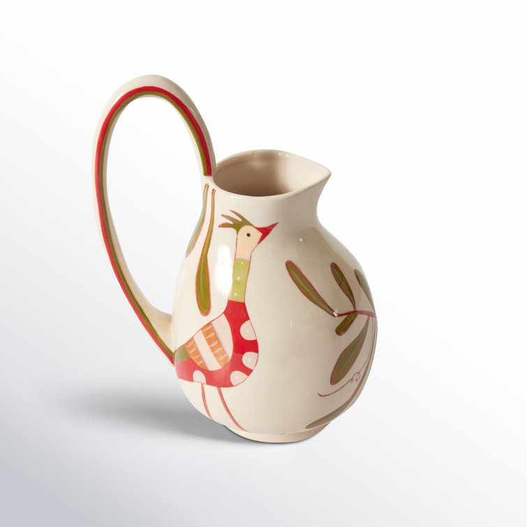 Hand-Painted Cream Ceramic Pitcher with Bird Design