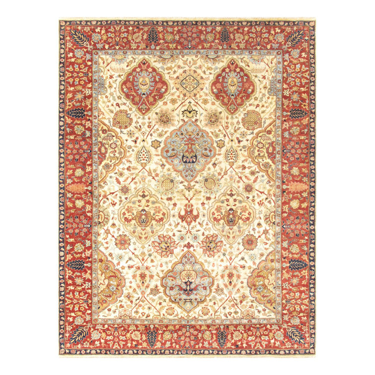 Elegant Ivory Wool 9' x 12' Hand-Knotted Rectangular Area Rug