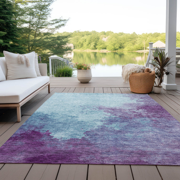 Sky Blue and Purple Machine Washable Rectangular Rug