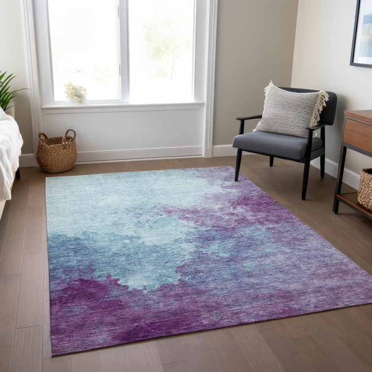 Sky Blue and Purple Machine Washable Rectangular Rug