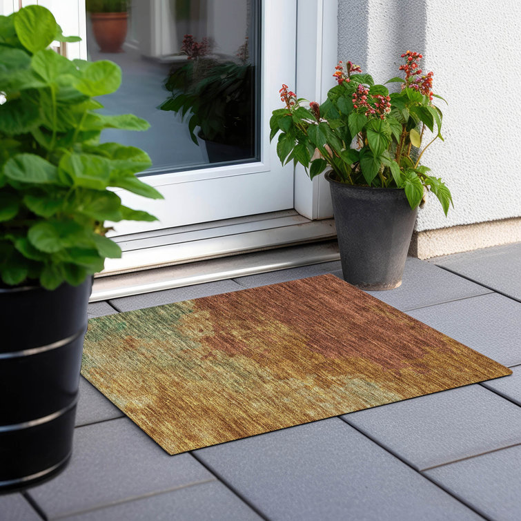Paprika and Green Washable Rectangular Indoor/Outdoor Rug