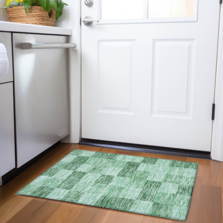 Green Rectangular Synthetic Washable Checkerboard Rug 1'8" x 2'6"