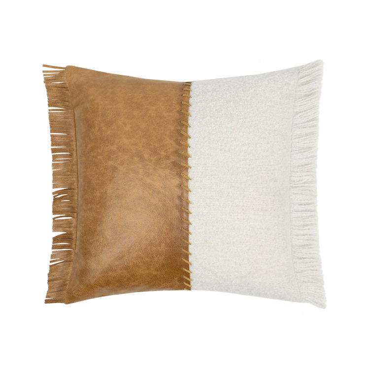 Ivory and Brown Leather Fringe Throw Pillow