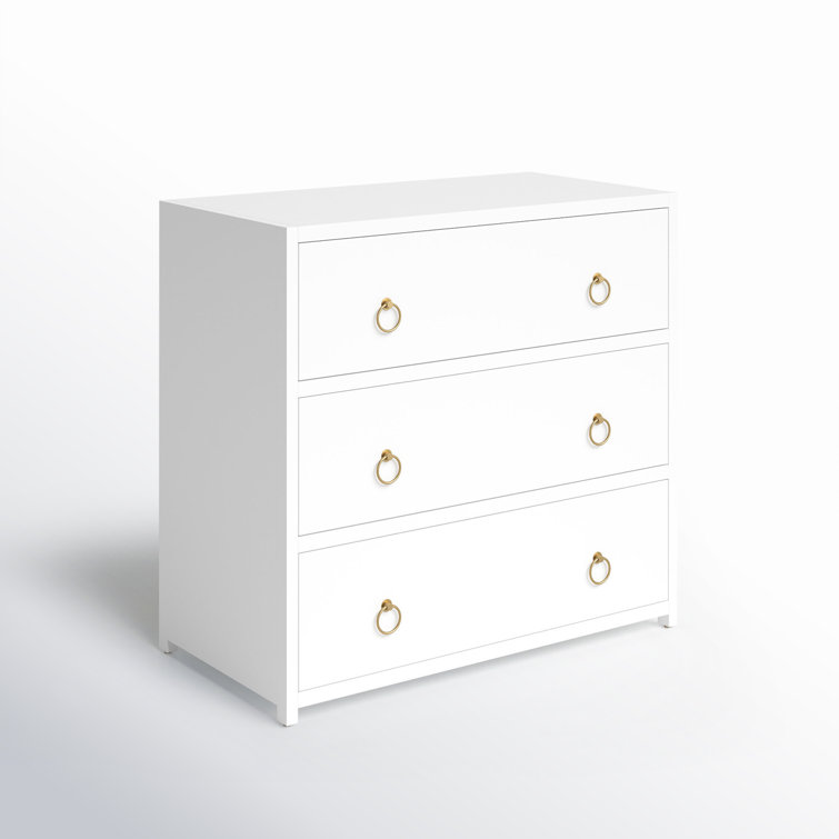 Elegant White Acacia 3-Drawer Chest with Gold Metallic Hardware