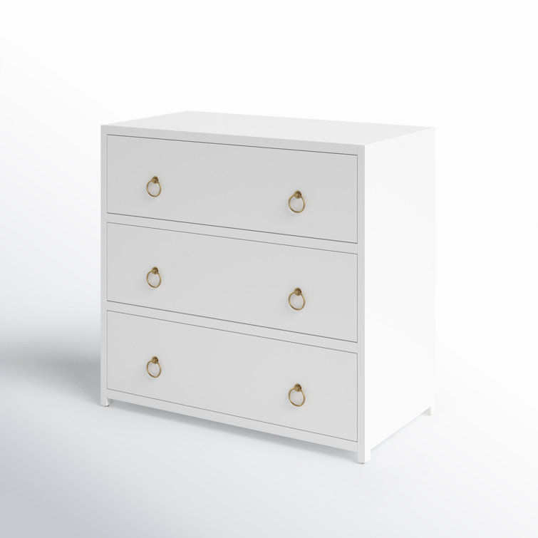 Elegant White Acacia 3-Drawer Chest with Gold Metallic Hardware