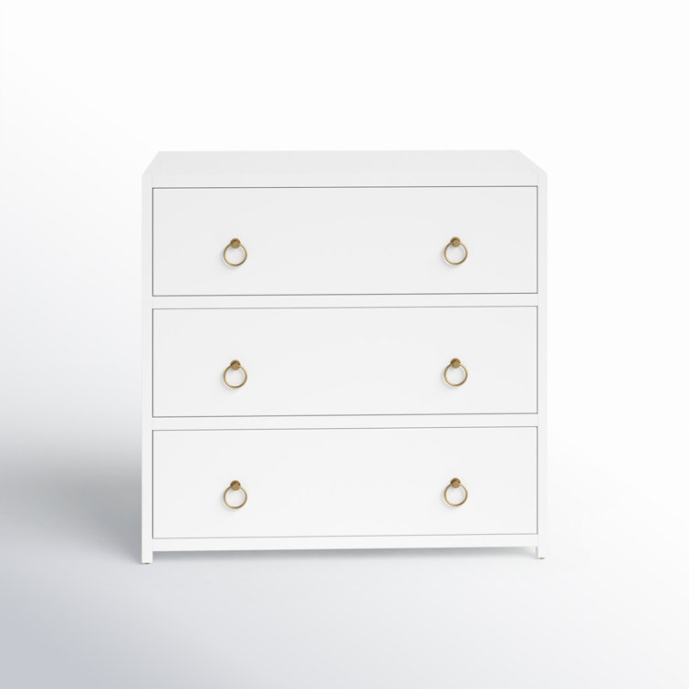 Elegant White Acacia 3-Drawer Chest with Gold Metallic Hardware