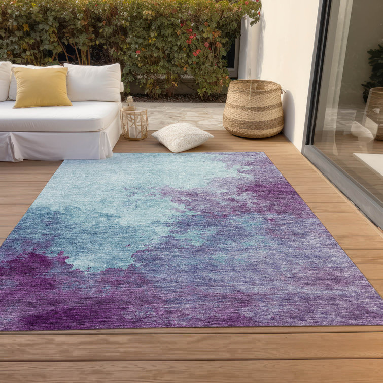 Sky Blue and Purple Machine Washable Rectangular Rug