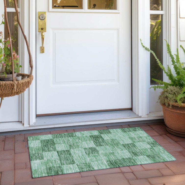 Green Rectangular Synthetic Washable Checkerboard Rug 1'8" x 2'6"