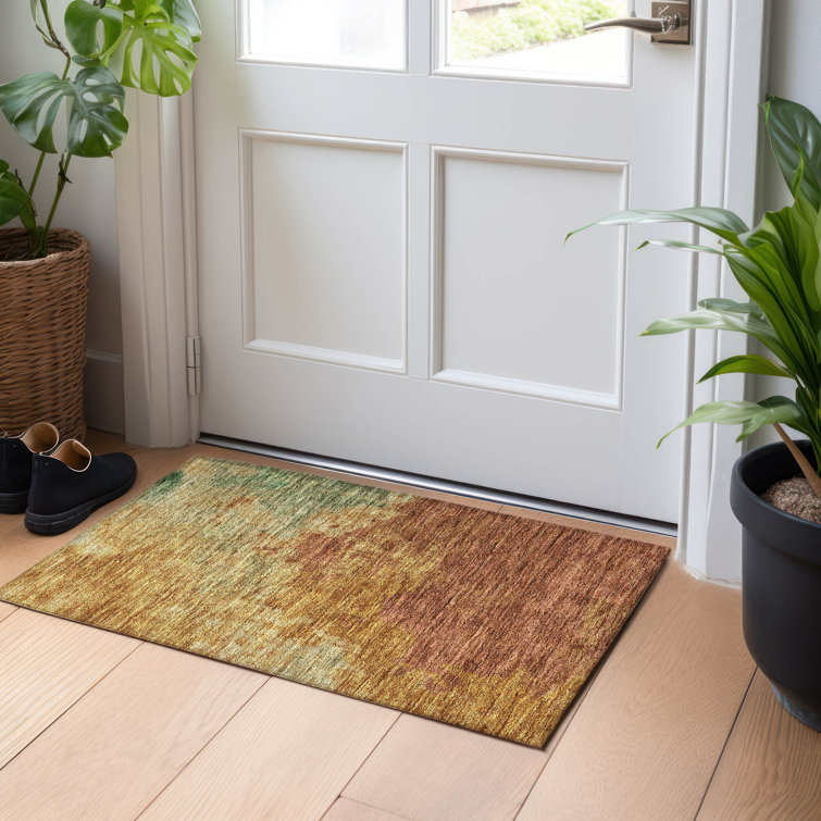 Paprika and Green Washable Rectangular Indoor/Outdoor Rug