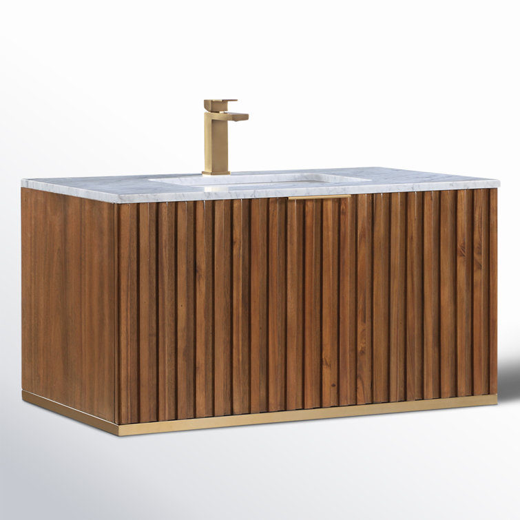 Terra 36" Walnut Wall-Mounted Single Sink Vanity with Marble Top