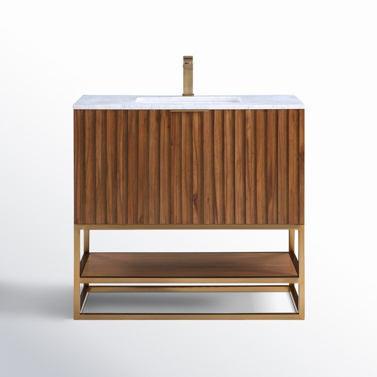 Walnut and Satin Brass 36" Single Bathroom Vanity with Carrara Marble Top