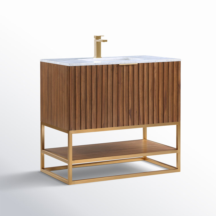 Walnut and Satin Brass 36" Single Bathroom Vanity with Carrara Marble Top