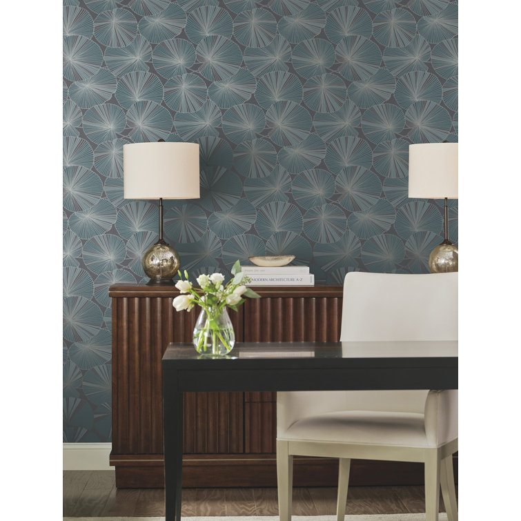 Layered Deep Blue and Charcoal Lily Pads Wallpaper