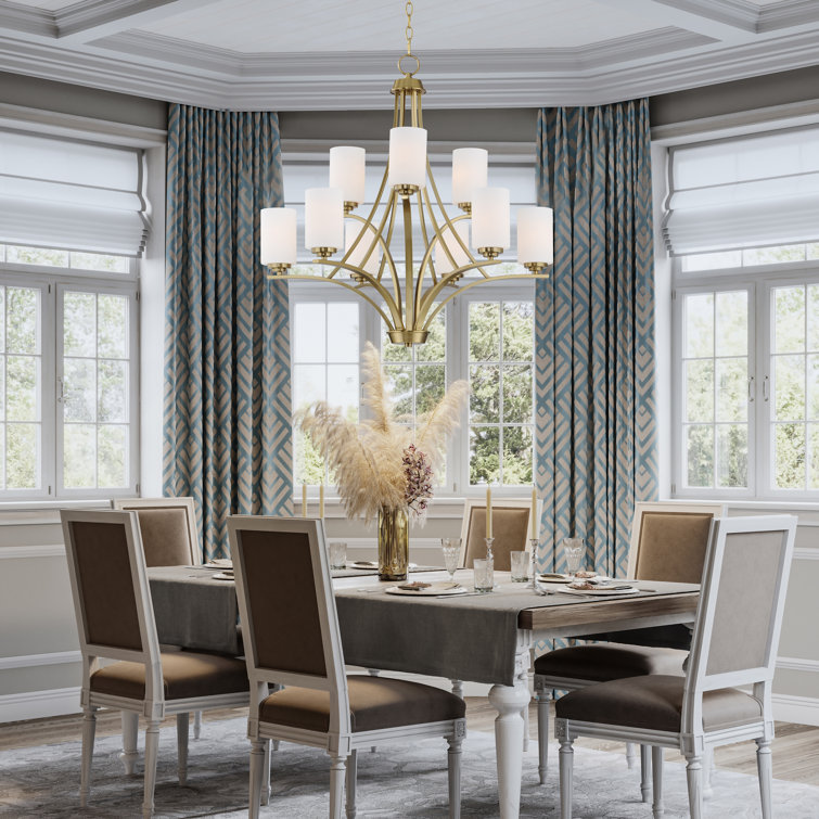Satin Brass 9-Light Chandelier with Opal White Glass Shades
