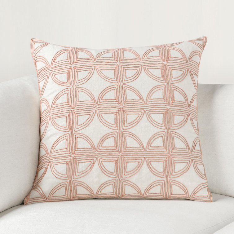 22" Pink and Ivory Geometric Embroidered Linen Square Pillow