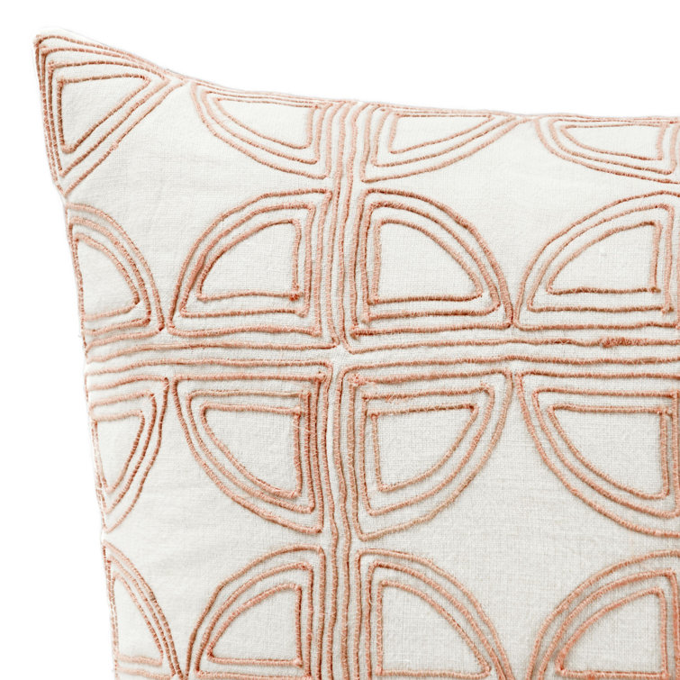 22" Pink and Ivory Geometric Embroidered Linen Square Pillow