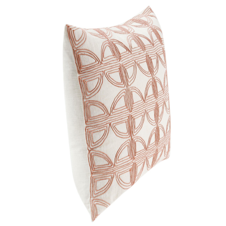 22" Pink and Ivory Geometric Embroidered Linen Square Pillow
