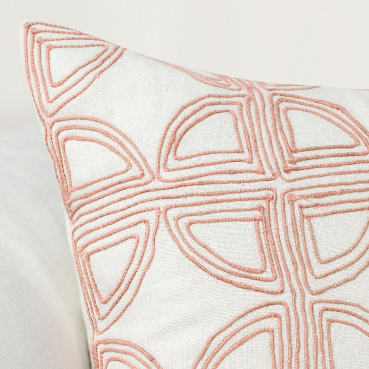 22" Pink and Ivory Geometric Embroidered Linen Square Pillow