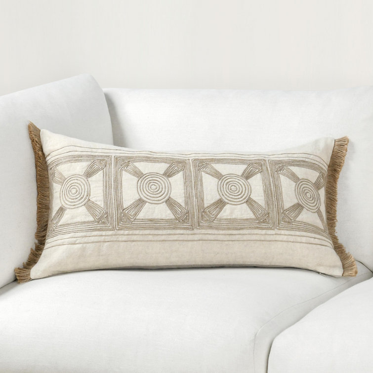 Baia 26" Beige and Cream Embroidered Linen Pillow