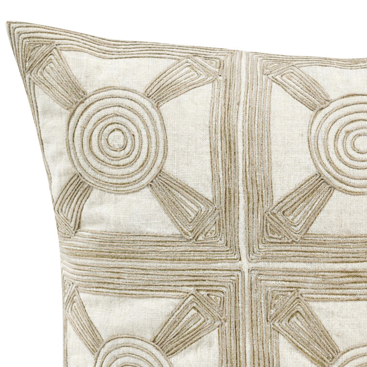 20" Beige and Cream Embroidered Linen Square Pillow
