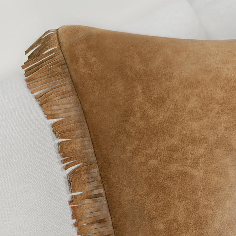 Ivory and Brown Leather Fringe Throw Pillow