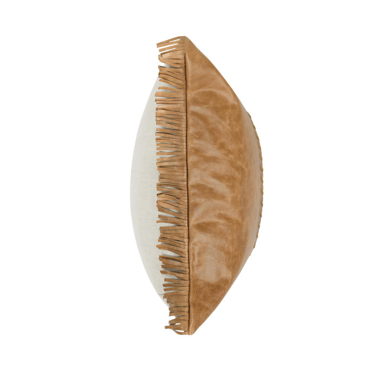 Ivory and Brown Leather Fringe Throw Pillow