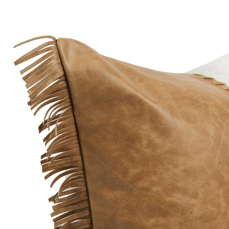 Ivory and Brown Leather Fringe Throw Pillow