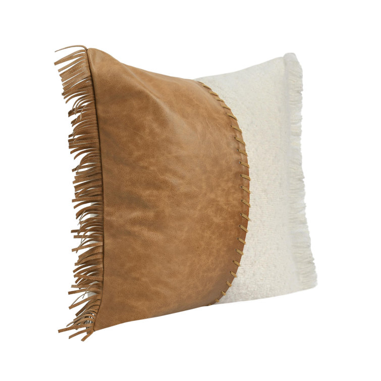 Ivory and Brown Leather Fringe Throw Pillow