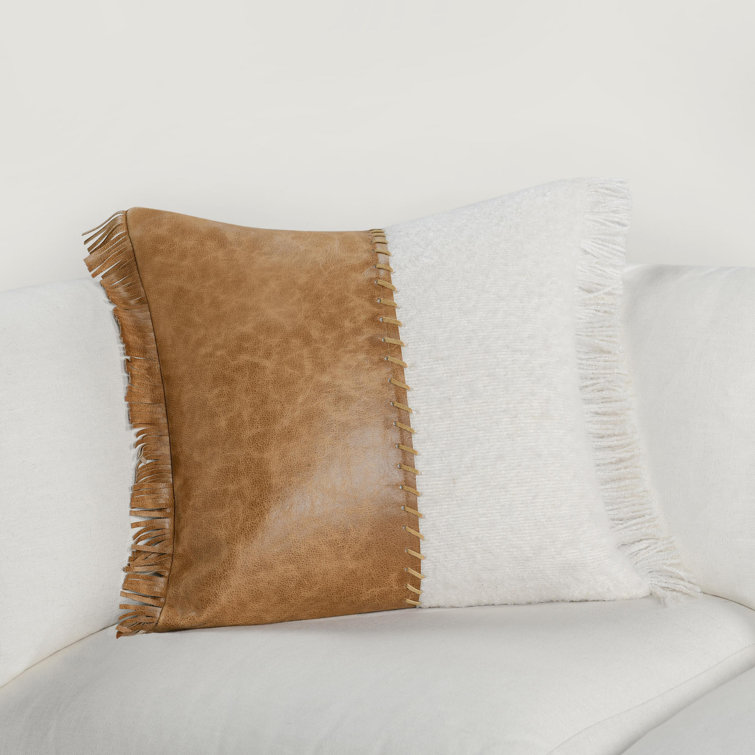Ivory and Brown Leather Fringe Throw Pillow