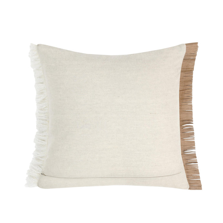 Ivory and Brown Leather Fringe Throw Pillow