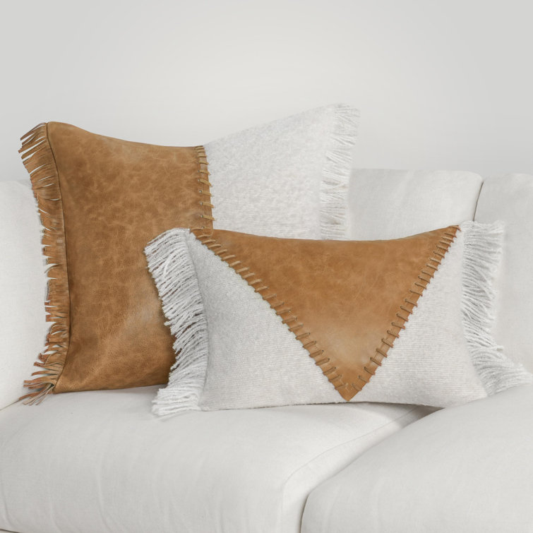 Ivory and Brown Leather Fringe Throw Pillow