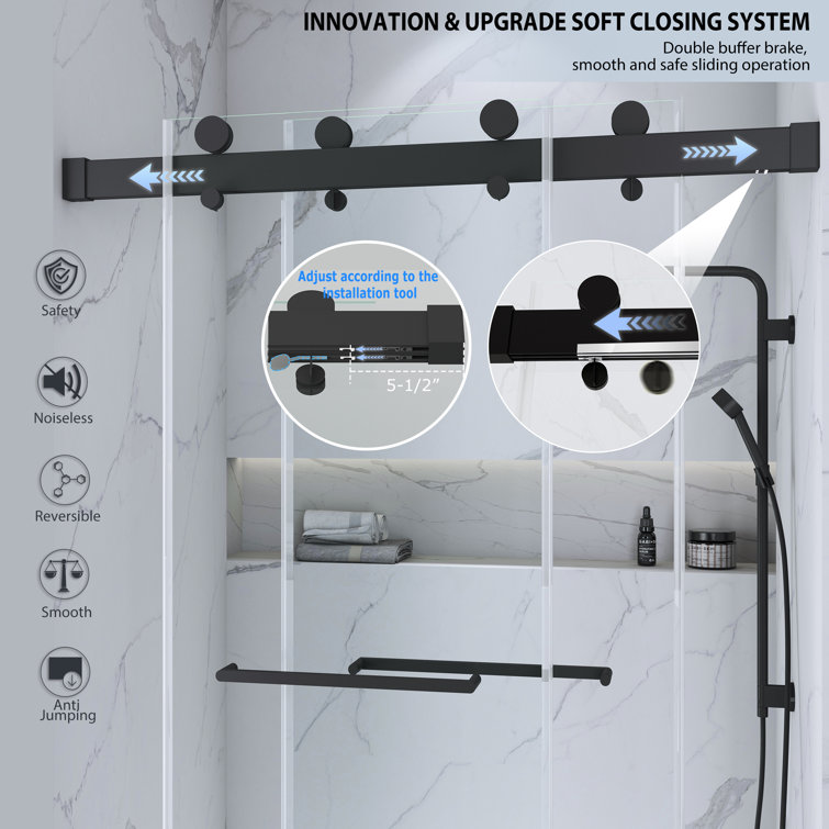 Matte Black Frameless Double Sliding Shower Door with Handles