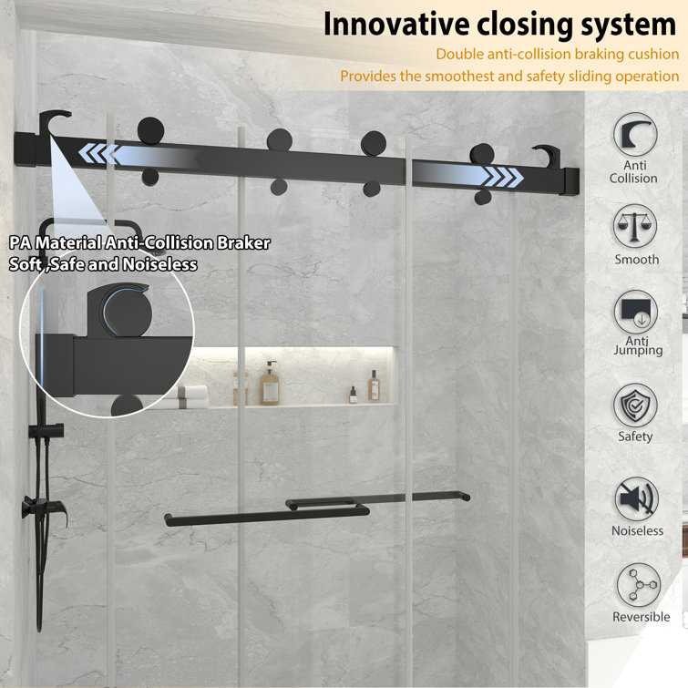 Matte Black Frameless Double Sliding Shower Door with Handles