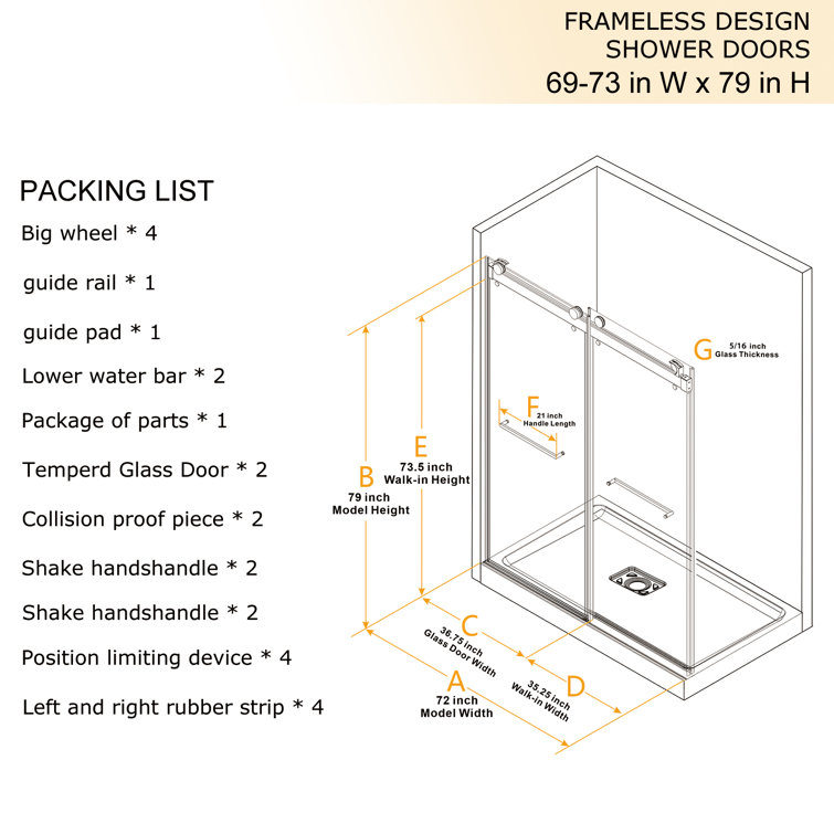 Matte Black Frameless Double Sliding Shower Door with Handles