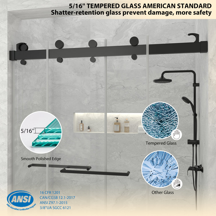 Matte Black Frameless Double Sliding Shower Door with Handles