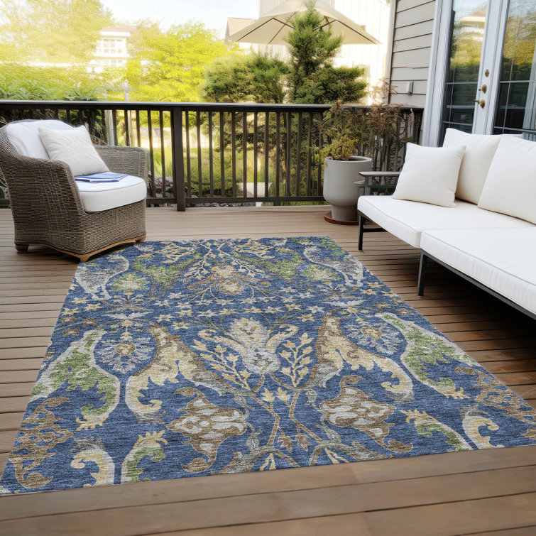 Navy and Beige Synthetic Washable Rectangular Area Rug 3' x 5'