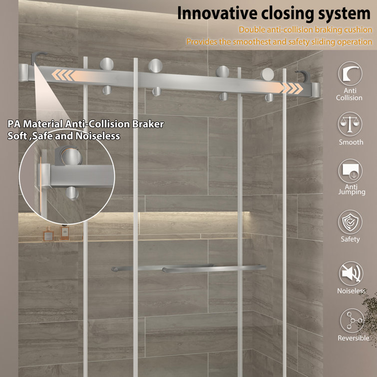 73 in Brushed Silver Frameless Double Sliding Shower Door