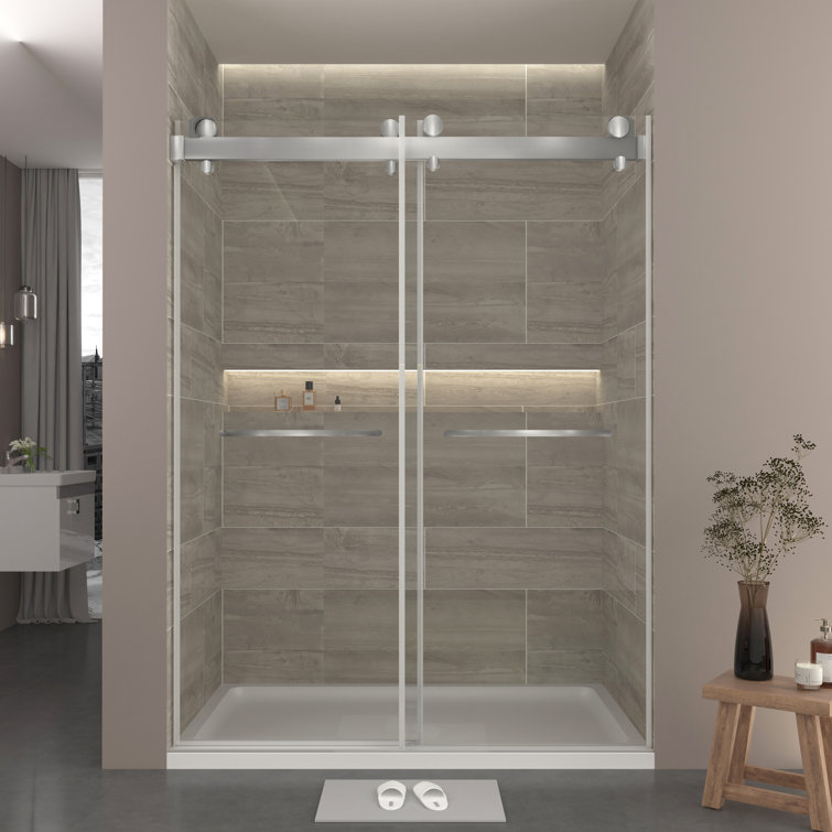 73 in Brushed Silver Frameless Double Sliding Shower Door