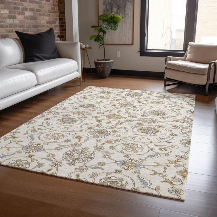 Ivory Rectangular Washable Synthetic Area Rug 3' x 5'