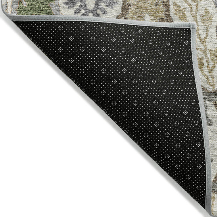 Ivory and Green Washable Rectangular Area Rug