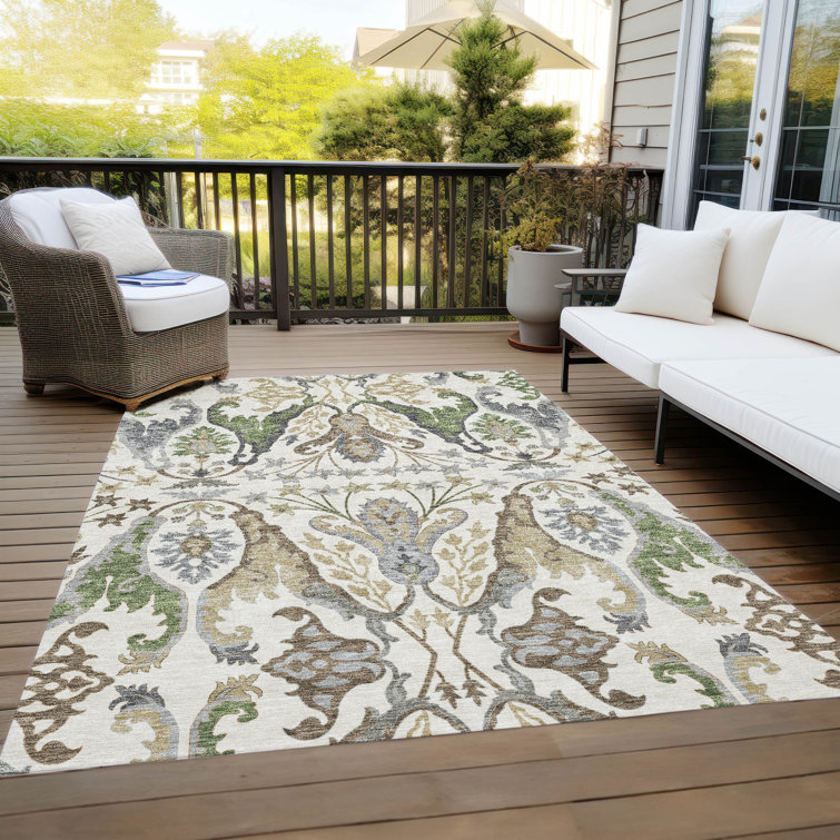 Ivory and Green Washable Rectangular Area Rug